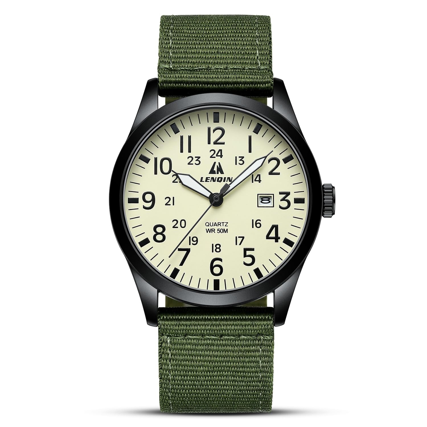 RELOJES HOMBRE RELOJ DE PULSERA CASUAL DEPORTE IMPERMEABLE CORREA VERDE BISEL NEGRO FONDO AMARILLO
